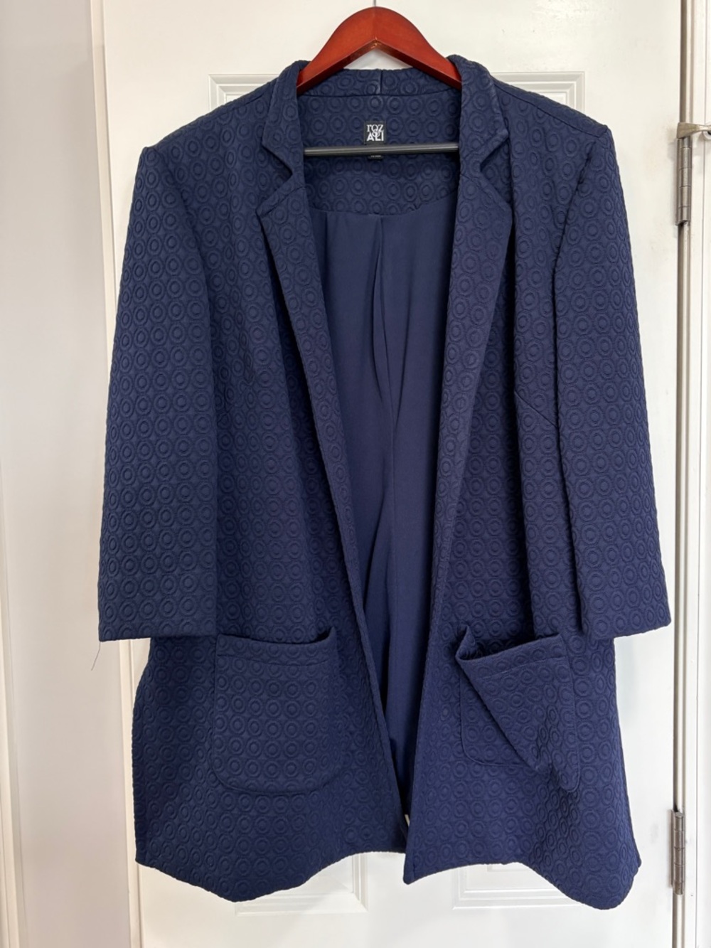 Roz & Ali Navy Long Length Textured Open-Front Blazer, Size 1X